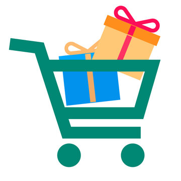 Digital render of a shopping cart with presents sign on a white background