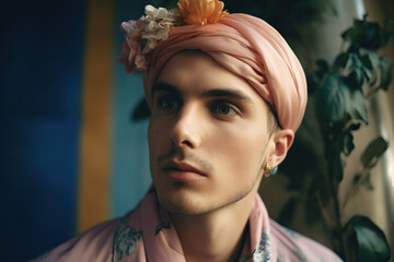 Portrait of stylish young man with floral turban. Generative AI