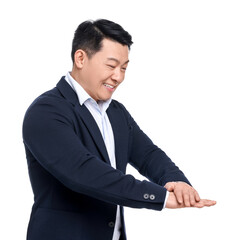 Businessman in suit posing on white background