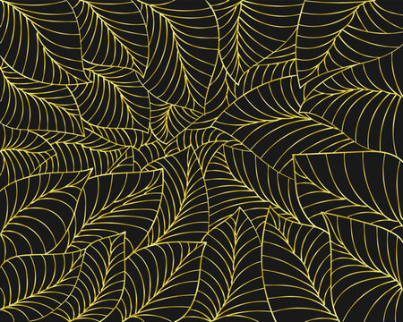 Minimalistic background design of golden leaves patterns on a black background