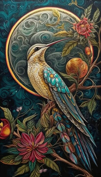 Painting in Asian and Oriental styles, oil painting of fabulous birds on a branch and in flowers against the backdrop of the moon. Generative AI © Ренат Хисматулин