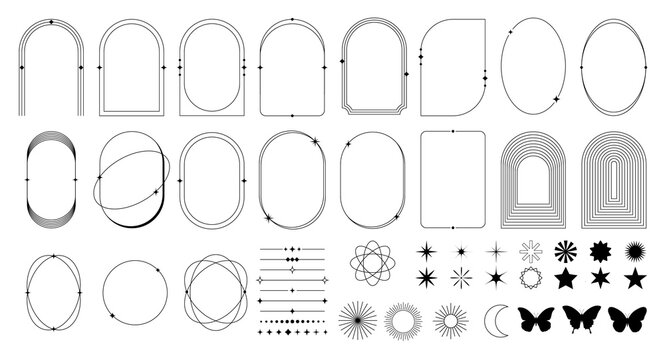 Minimalist  y2k aesthetics linear frame, sparkle star, sun ray, butterfly, borders, divider for social media post, banner, or poster design. Geometric elements in boho stye vector illustration.