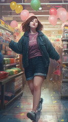 Portrait of a large girl with a full build in a grocery store with vegetables, a happy and curvy woman buys fruits. Generative AI