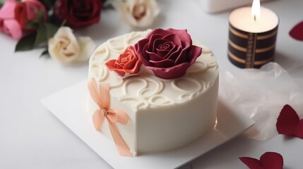Birthday cake with beautiful rose on white background. Generative Ai