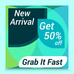 Editable template design of a sale banner with 50 percent off on a new arrival of a product