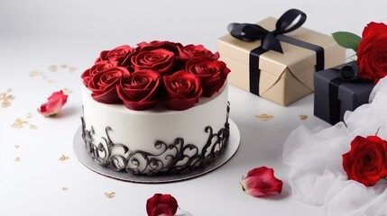 Birthday cake with gift box decor by beautiful flowers on white background. Generative Ai
