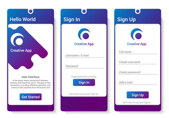 Set of get started, sign up and sign in window for creative app in violet and white colors