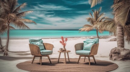 Fototapeta na wymiar two chairs on the beach, ai generative
