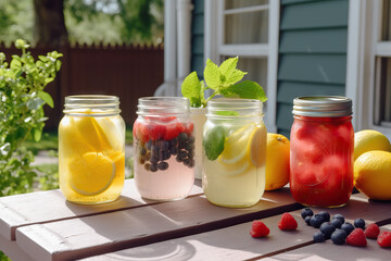 Variety of lemonade in jars. Generative AI