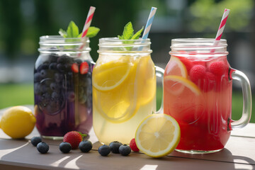 Variety of lemonade in jars. Generative AI