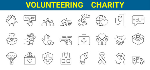 Volunteering and charity web icons in line style. Donate, donor, Social activities, care, help, support, collection. Vector illustration. Social activities