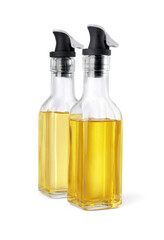Glass bottles with cooking oil on white background