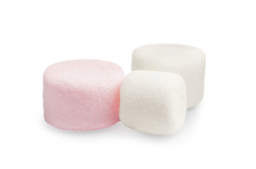 Delicious sweet puffy marshmallows on white background
