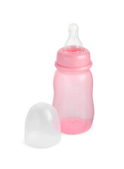 Empty pink feeding bottle for baby milk isolated on white