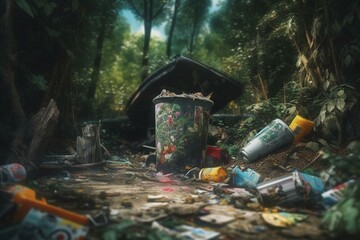 Artistic forest garbage painting with 3D background. Generative AI