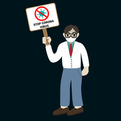 Illustration of a doctor wearing a mask and holding a stop corona virus sign
