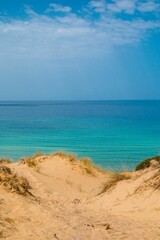 Vertical aerial view of a beautiful seashore with a rocky cliff in Kef Abbed, Tunisia