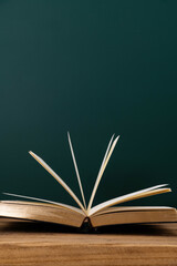 Open book in front of the blackboard