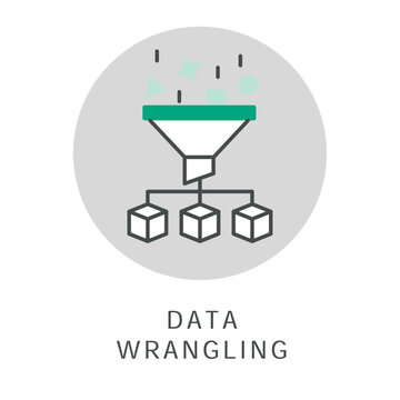 Data Wrangling Icon. Data preprocessing icon, Data transformation symbol, Data integration icon, Data formatting symbol, Data reshaping symbol, Data aggregation icon, Data merging symbol.