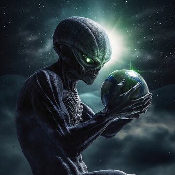 Dark Alien hold the earth in hir hands - Al generated image