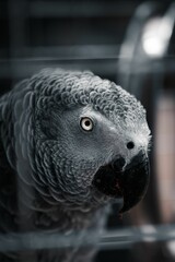 Vertical shot of a grey parrot's head and beak in a closeup capture
