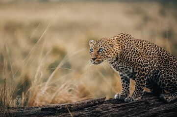 Closeup of an African leopard standing on a fallen tree branch and curiously looking forward