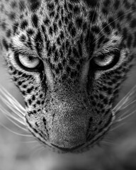 Vertical closeup shot of a Sri Lankan leopard in a greyscale looking directly at the camera