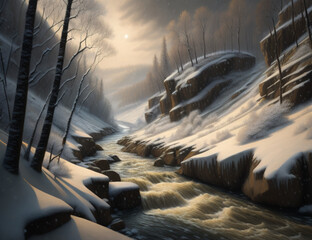 An image of AI Generative of Winter landscape with a small river in a snowy forest. Digital painting.