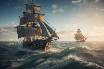Fototapeta na wymiar Illustration of two sailing ships on ocean waves. Generative AI