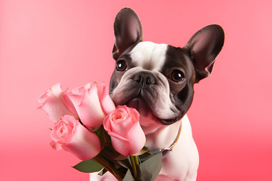 Cute French Bulldog Holding a Bouquet of Pink Roses on Pink Background: AI Generated Image