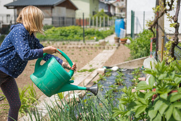 Happy little girl watering vegetable garden in spring