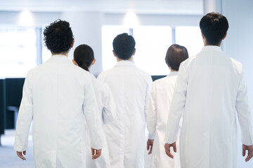 Back view of the image of several doctors and researchers all walking together. Easy to use without...