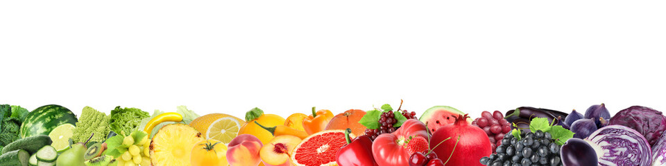 Many fresh fruits and vegetables arranged in rainbow colors on white background, banner design
