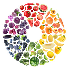 Doughnut shape made of many fresh fruits and vegetables arranged in rainbow colors