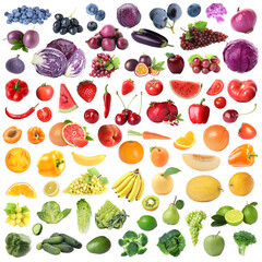 Many fresh fruits and vegetables arranged in rainbow colors on white background, collage