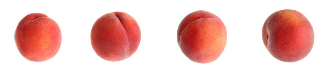 Set of fresh peaches on white background