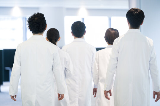 Back view of the image of several doctors and researchers all walking together. Easy to use without face.