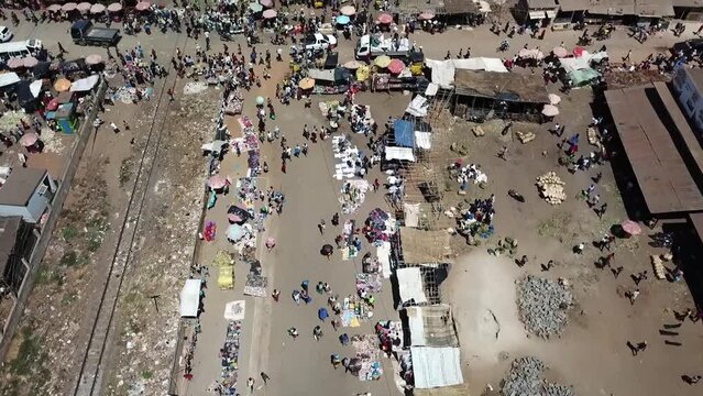Aerial view of Main Street crossing  of a crowded Nampula's Market.