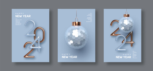 2024 New Year greeting cards, flyers, posters. 3d metallic golden or copper with blue numbers and glossy ball on blue background. Gold realistic 2024. Vector illustration.