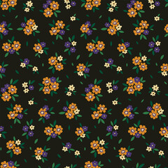 Seamless floral pattern, liberty ditsy print with tiny hand drawn plants. Rustic botanical fabric or paper design: small cute flowers, leaves, pretty bouquets on a dark background. Vector illustration