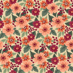 Seamless floral pattern, vintage ditsy print with cute decorative plants. Pretty folk botanical design for fabric, paper: hand drawn flowers, leaves on a light background. Vector illustration.
