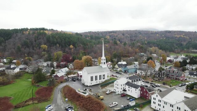 Aerial of Stowe village in autumn in Vermont, United States.