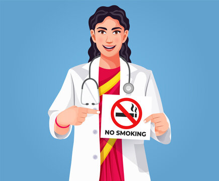 Indian Female doctor holding no smoking banner sign standing over blue background. Medical professional working holding advertising banner, good poster for ad, offer or announcement, paper billboard.