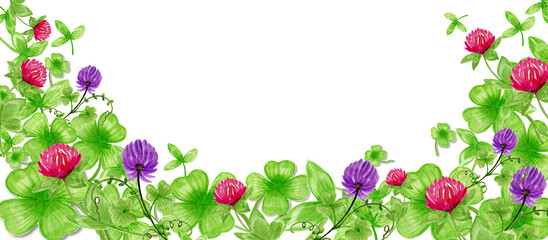 Banner  clover wild watercolor wildflowers.Seamless border made of watercolor wildflowers and leaves, wedding and greeting illustration.