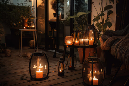 Warm suymmer night in the garden with trendy furniture, Generative ai