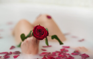 Woman relaxes in a bath with milk and rose petals.