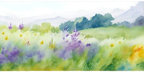 Watercolor landscape with flowers on a background of mountains.