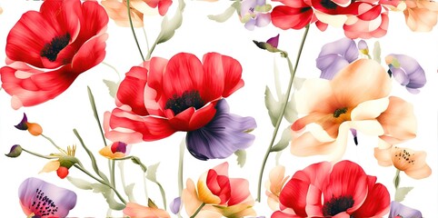 Painted colored poppies on a white background.