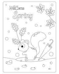Squirrel with umbrella and leaves coloring page welcoming the spring season.