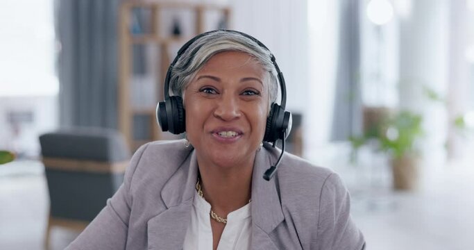 Business woman, video call and headphones consulting for virtual meeting, greeting or introduction at office. Portrait of happy female employee talking with headset for remote interview or networking